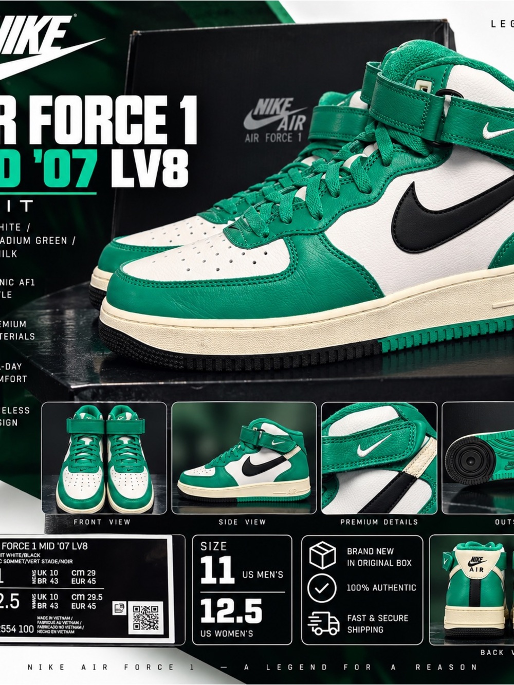 Nike Air Force 1 Mid ‘07 LV8 Split Green White Black DZ2554-100 Men’s 11